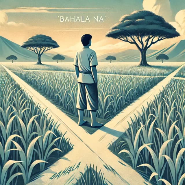 An illustration of a person standing calmly at a crossroads in a serene landscape, symbolizing the Filipino 'Bahala Na' attitude of resilience and 'leaving things to fate.' The rural setting has diverging paths, trees, and mountains under a soft sky, conveying calm acceptance and openness to possibilities.