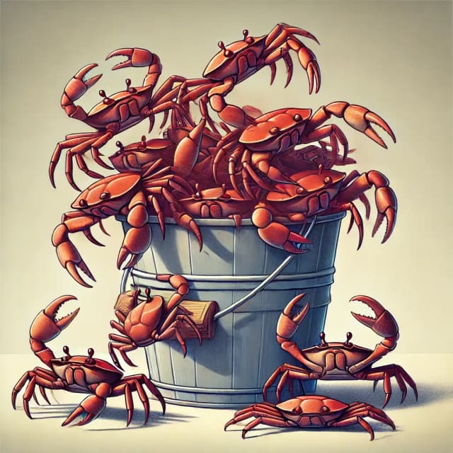 An illustration of crabs in a bucket, symbolizing 'crab mentality,' where each crab pulls others down, preventing escape. The close-up shows crabs climbing over each other, with some reaching upwards, visually representing the concept of competitiveness and holding others back.