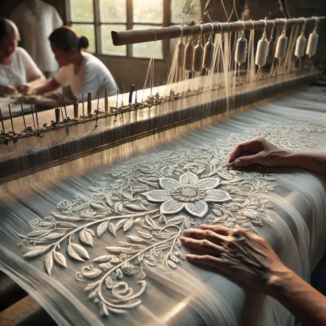 Filipino artisans embroidering and weaving Barong Tagalog fabric, highlighting traditional craftsmanship and cultural artistry.