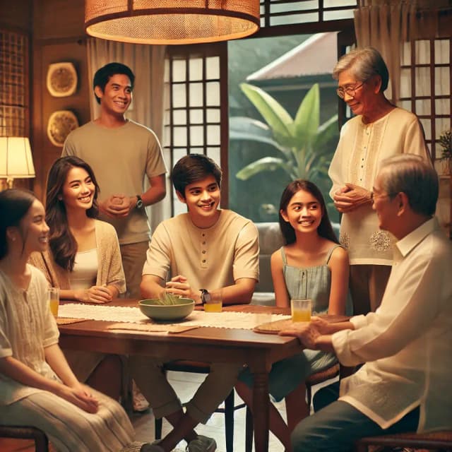 A Filipino family gathering indoors, where people of different generations interact politely and respectfully around a table in a cozy setting. The scene reflects the Filipino value of 'Hiya,' with warm body language and traditional decor, including wooden furniture and woven elements.