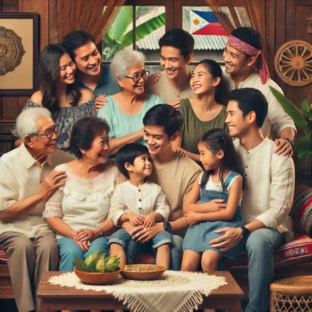 An image of a Filipino family with multiple generations gathered together, including grandparents, parents, and children, warmly interacting in a cozy setting. The scene emphasizes Filipino family values, with traditional decor and close, affectionate gestures symbolizing the strength of family bonds.