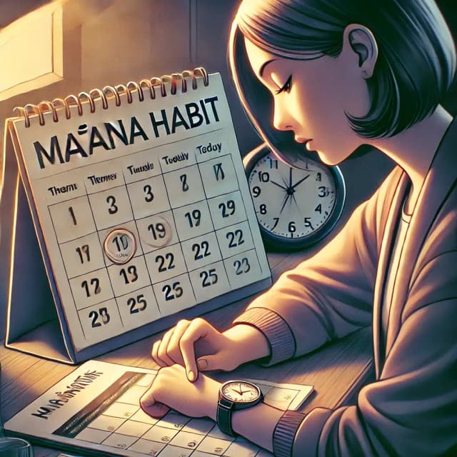 An illustration symbolizing the 'Mañana Habit' or procrastination, featuring a close-up of a clock and calendar, with a person looking at their watch. The scene reflects time management challenges, showing the habit of putting off tasks and waiting until later.