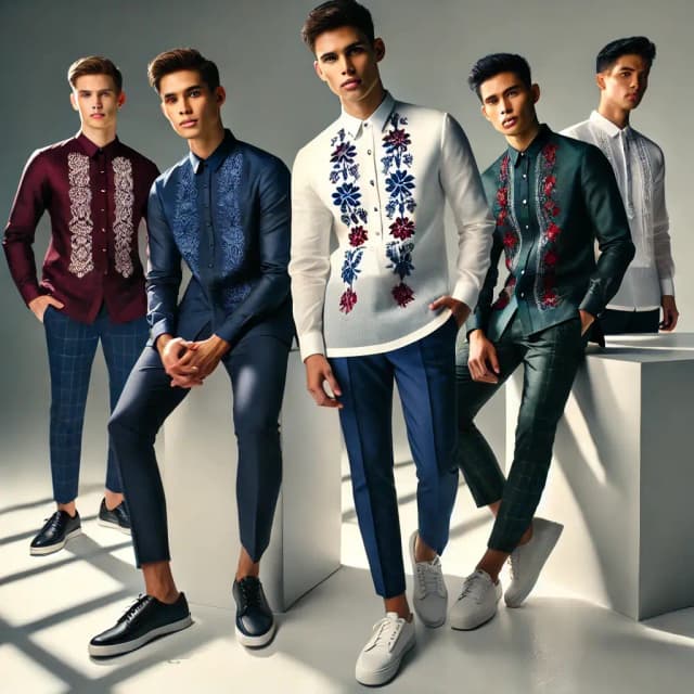 Younger Filipinos modeling modern Barong Tagalog styles with fitted cuts and vibrant colors, showing the evolution of traditional attire.