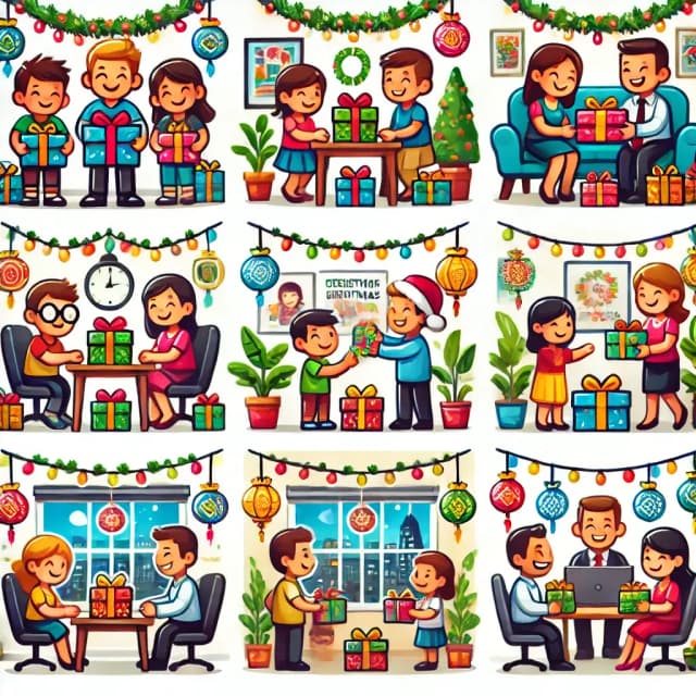 Cartoon illustration of different variations of the Monito Monita game, showing a family, students, and office workers exchanging gifts in festive settings, highlighting the diversity and joy of this Filipino gift exchange tradition.