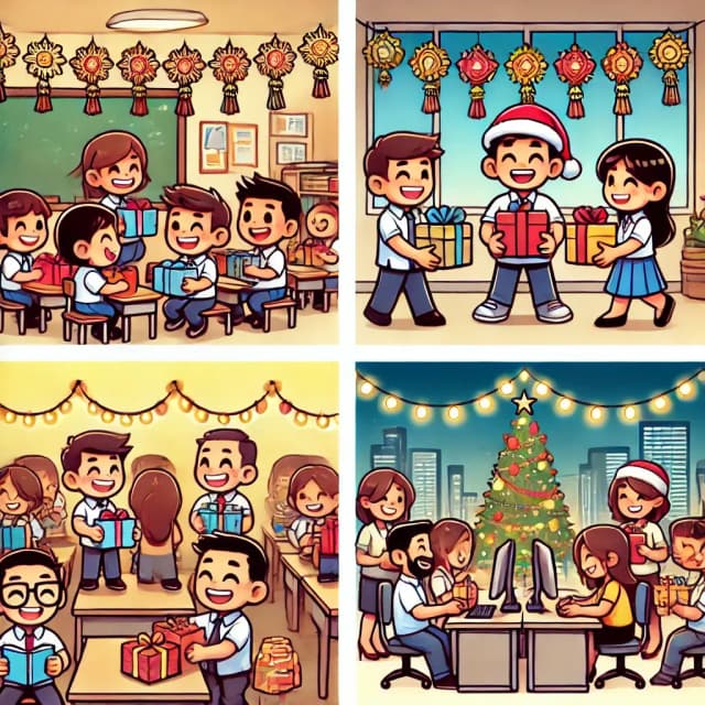 Cartoon illustration of Monito Monita gift exchange in schools and workplaces, showing students and office workers exchanging gifts with festive decorations, highlighting the camaraderie and joy of this Filipino holiday tradition.