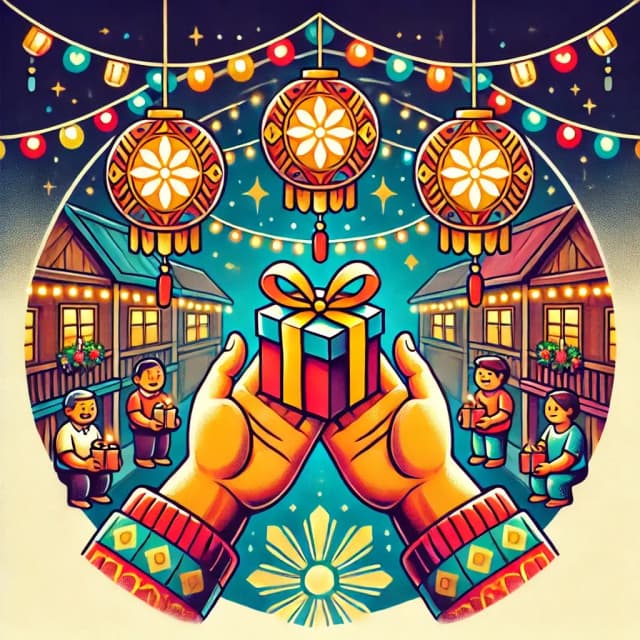 Cartoon illustration highlighting the symbolism of Monito Monita, with hands exchanging gifts in a festive Filipino setting, emphasizing kindness, generosity, and community in this Filipino Christmas tradition.