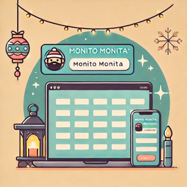 Minimalist cartoon illustration of technology in Monito Monita, showing a smartphone with a name-drawing app and festive decorations, highlighting the modern, tech-savvy approach to this Filipino gift exchange tradition.