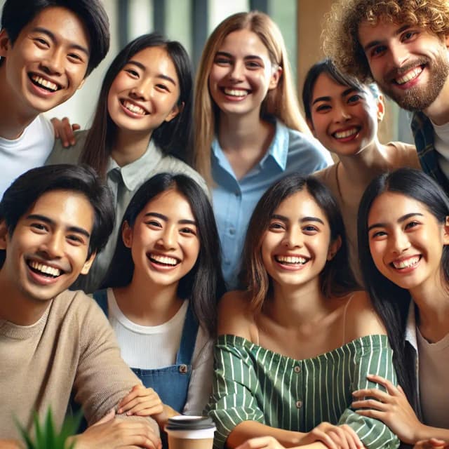 A cheerful image of a diverse group of friends or coworkers gathered together, smiling and unified, representing the Filipino value of 'Pakikisama' (conformity and companionship). The group’s relaxed body language and friendly setting convey warmth, harmony, and mutual support.