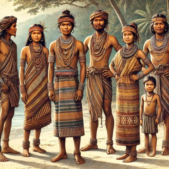 Illustration of pre-colonial Filipino attire with indigenous garments and traditional jewelry, representing early Philippine culture.