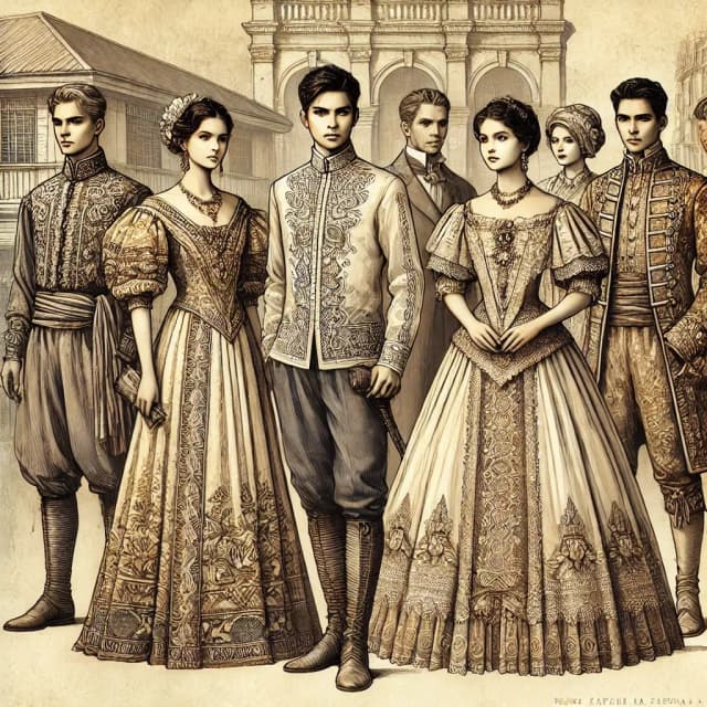 Illustration of Spanish colonial influence on Filipino clothing, showing Filipino men and women in European-inspired attire with intricate details.