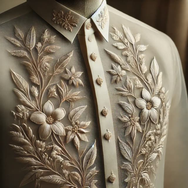 Close-up of a traditional Barong Tagalog with intricate embroidery, showcasing Filipino craftsmanship and cultural elegance.