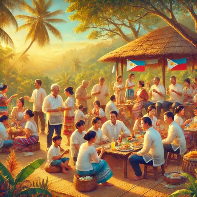 A traditional Filipino community gathering outdoors, with people of various ages sharing food, conversing, and enjoying a warm, festive atmosphere surrounded by tropical greenery. Some wear traditional Filipino attire, including colorful dresses and barong tagalog.