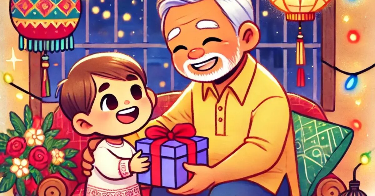 Child giving a gift to a grandfather, a warm image for choosing gifts for Lolo in the Philippines