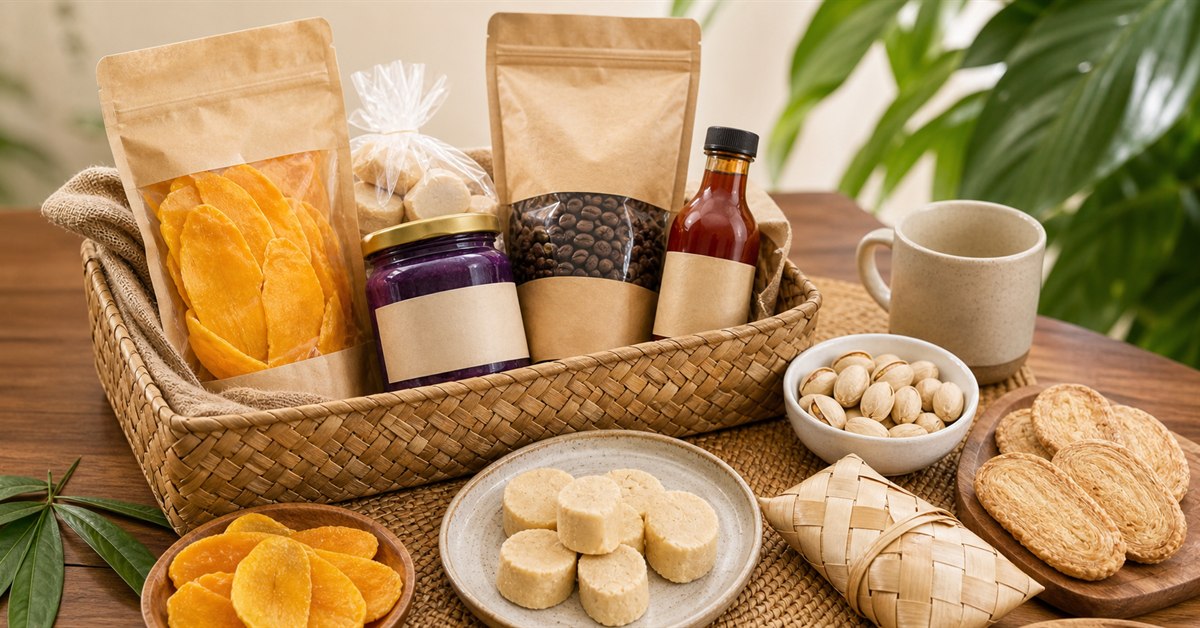 Philippine pasalubong basket with dried mangoes, polvoron, ube jam, coffee beans, pili nuts, otap, and local condiments