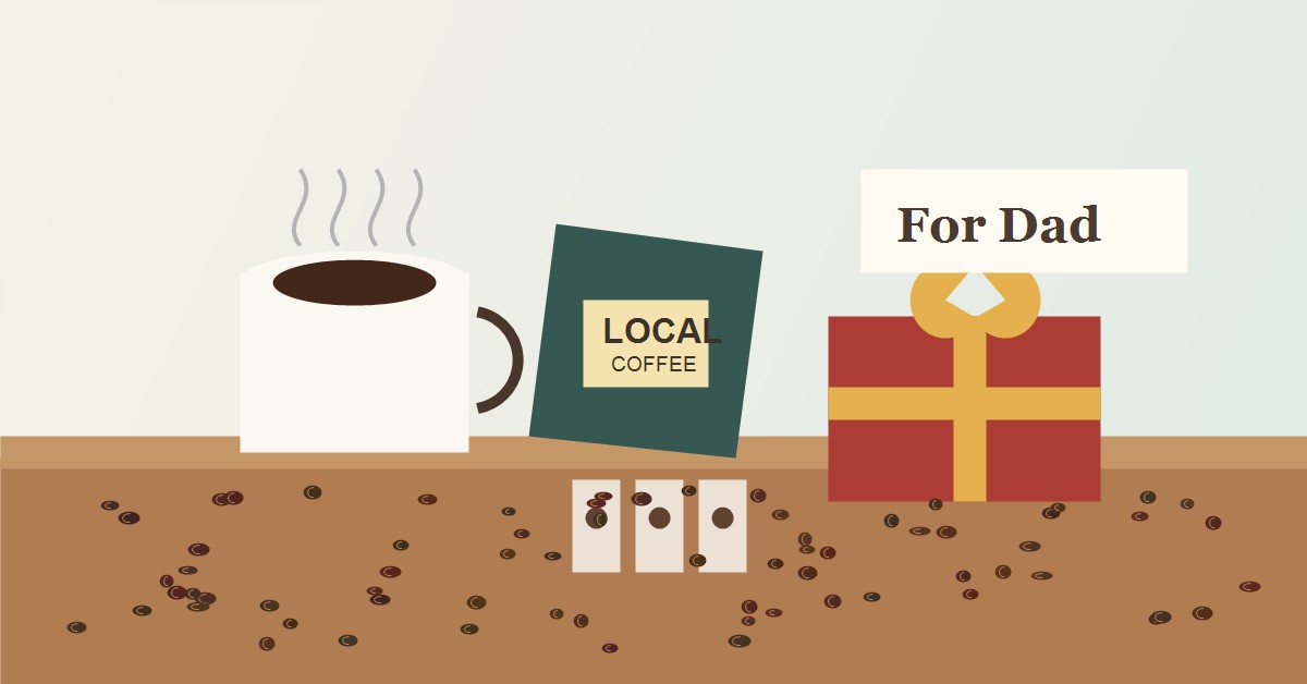 Illustrated coffee gifts for Dad in the Philippines, including a mug, local coffee bag, drip bags, beans, and gift box
