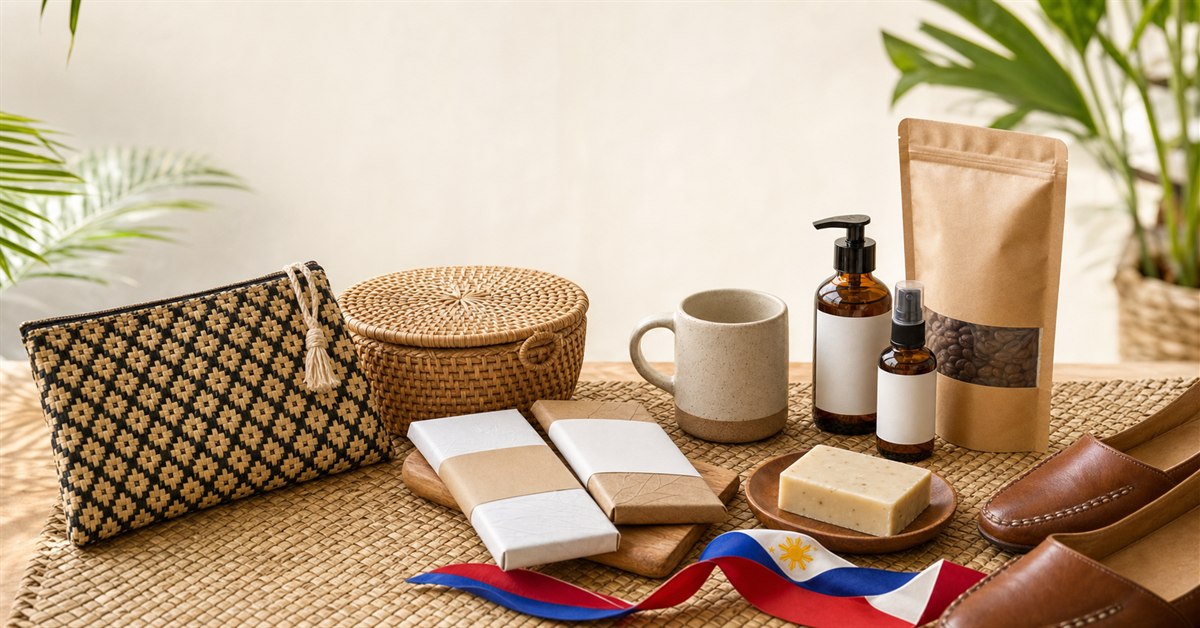 Filipino-made products arranged on a woven mat with local chocolate, coffee, personal care, rattan, and leather shoes