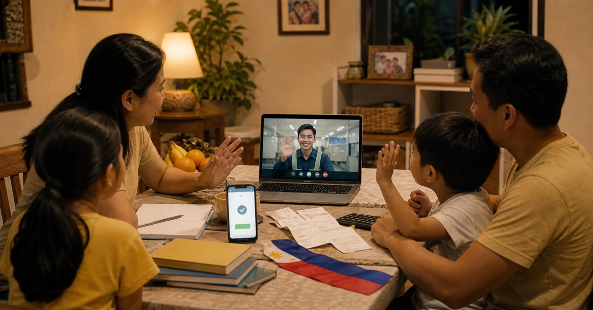 Filipino family video-calling an OFW relative abroad with school books, remittance phone screen, receipts, and a Philippine flag ribbon on the table