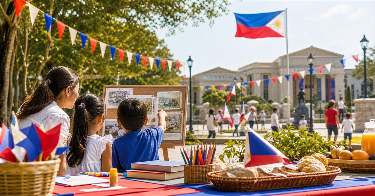 Family-friendly Philippine Independence Day activity setup with flags, books, crafts, and food near a civic plaza