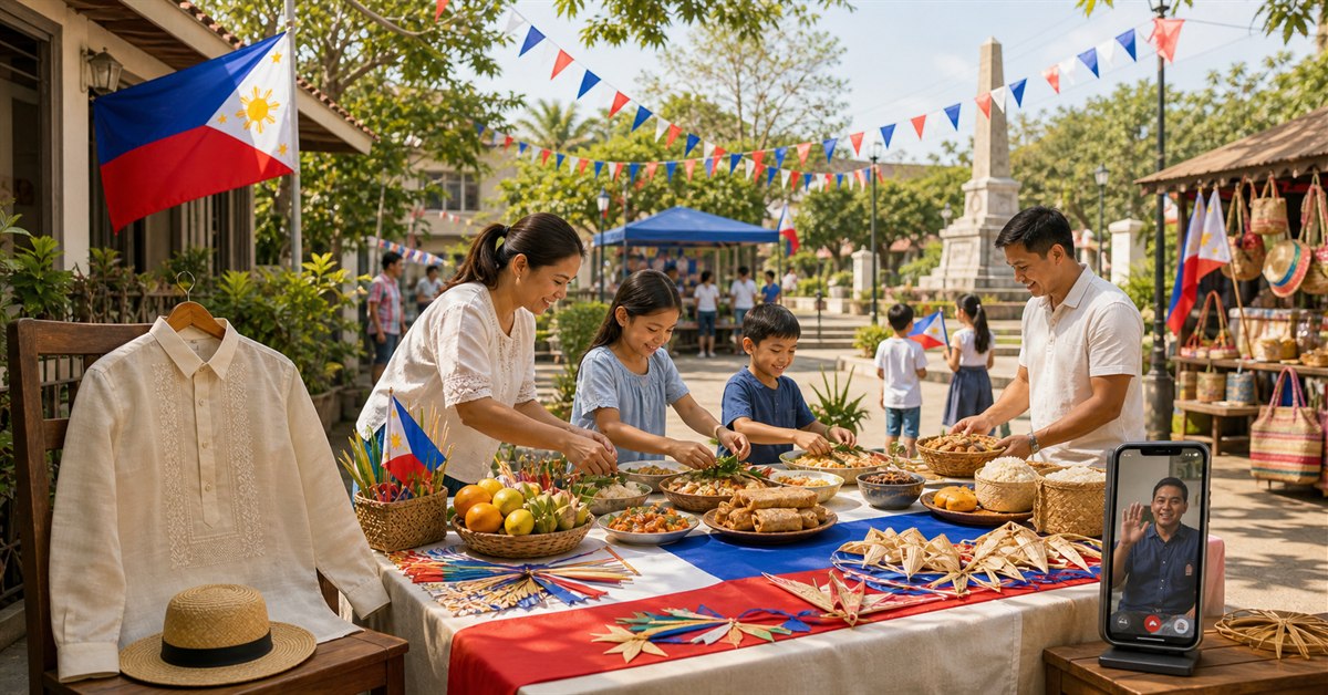 Filipino family celebrating Independence Day with food, flags, local craft, barong, and an OFW video call