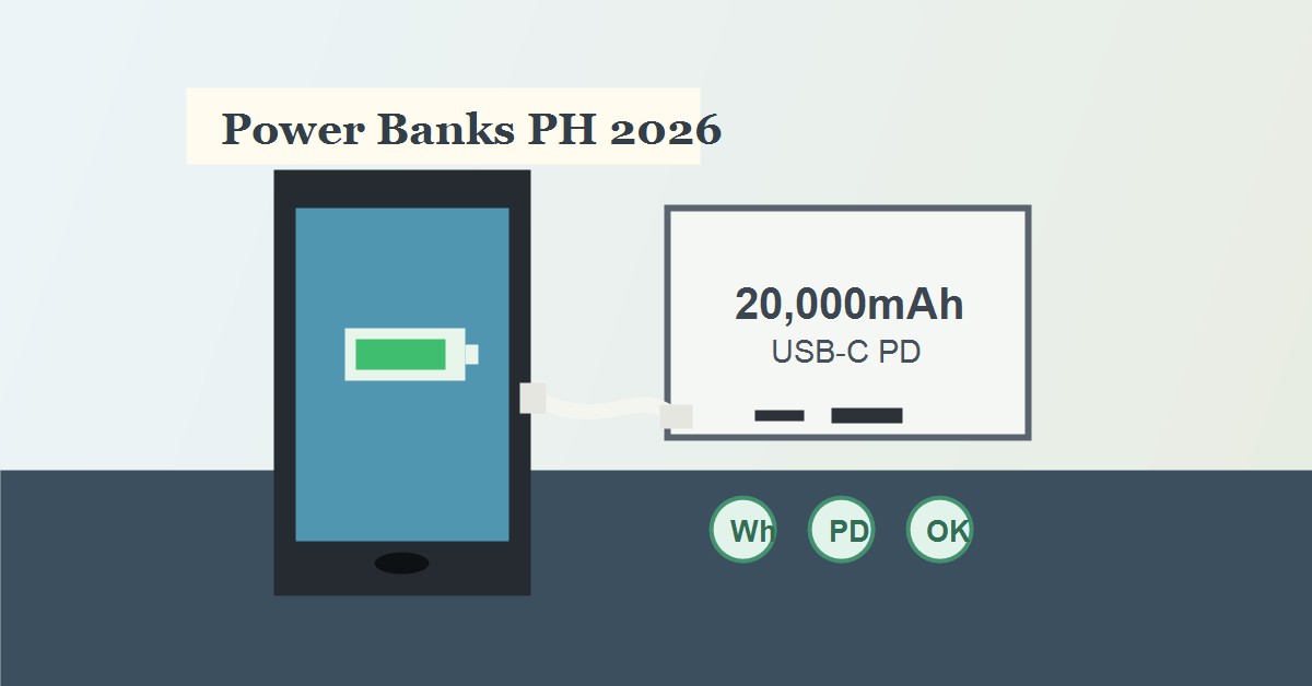 Illustrated power bank, phone, USB-C cable, and safety icons for choosing power banks in the Philippines in 2026