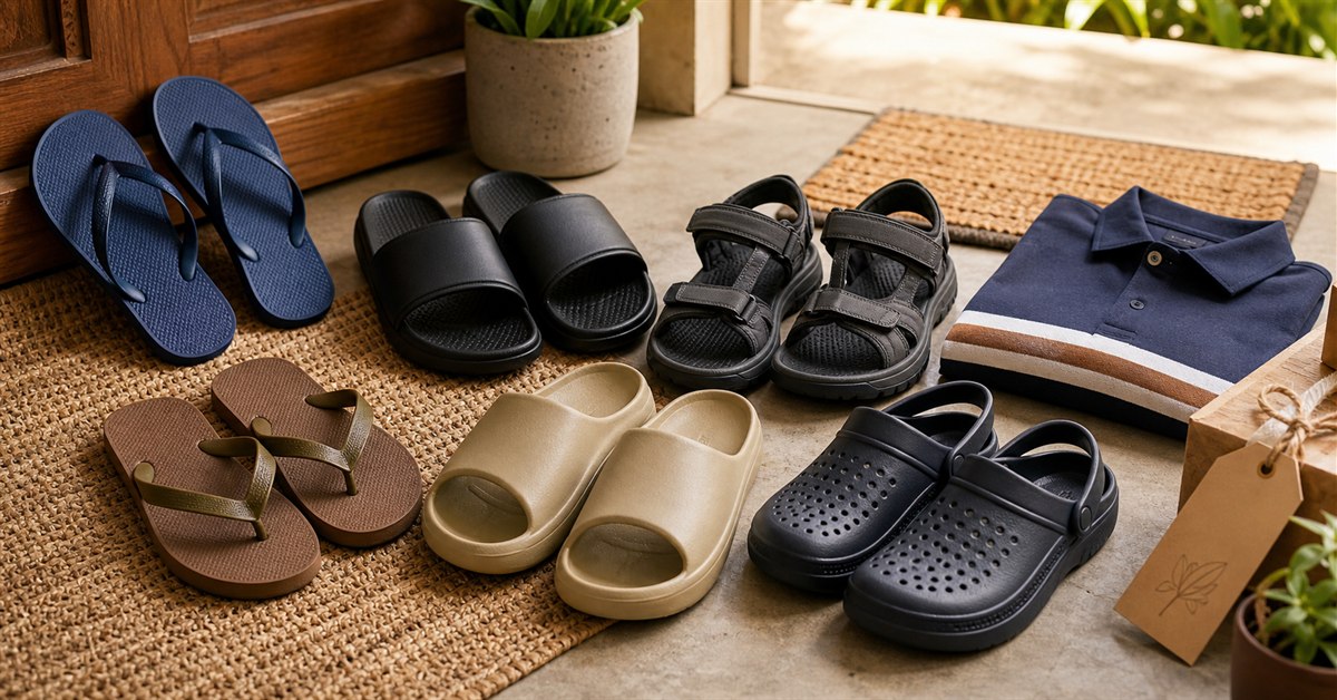 Dad-friendly slippers, slides, sandals, and clogs arranged near a Filipino home entryway