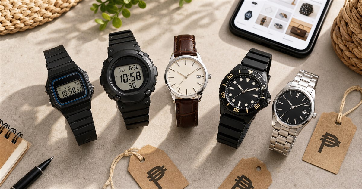 Affordable men’s watches arranged on a tabletop with peso price tags and a generic shopping phone screen