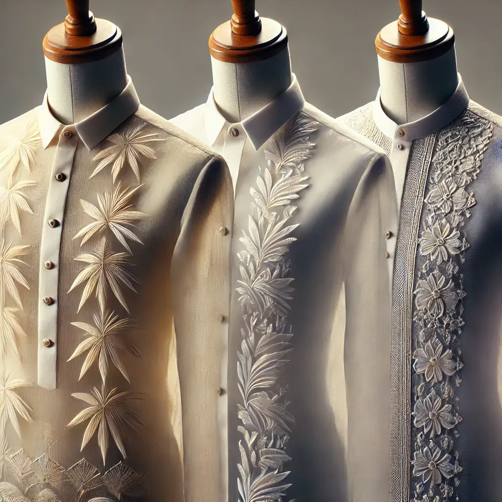 Side-by-side comparison of Barongs in piña, jusi, and cotton fabrics, highlighting differences in texture, transparency, and finish.
