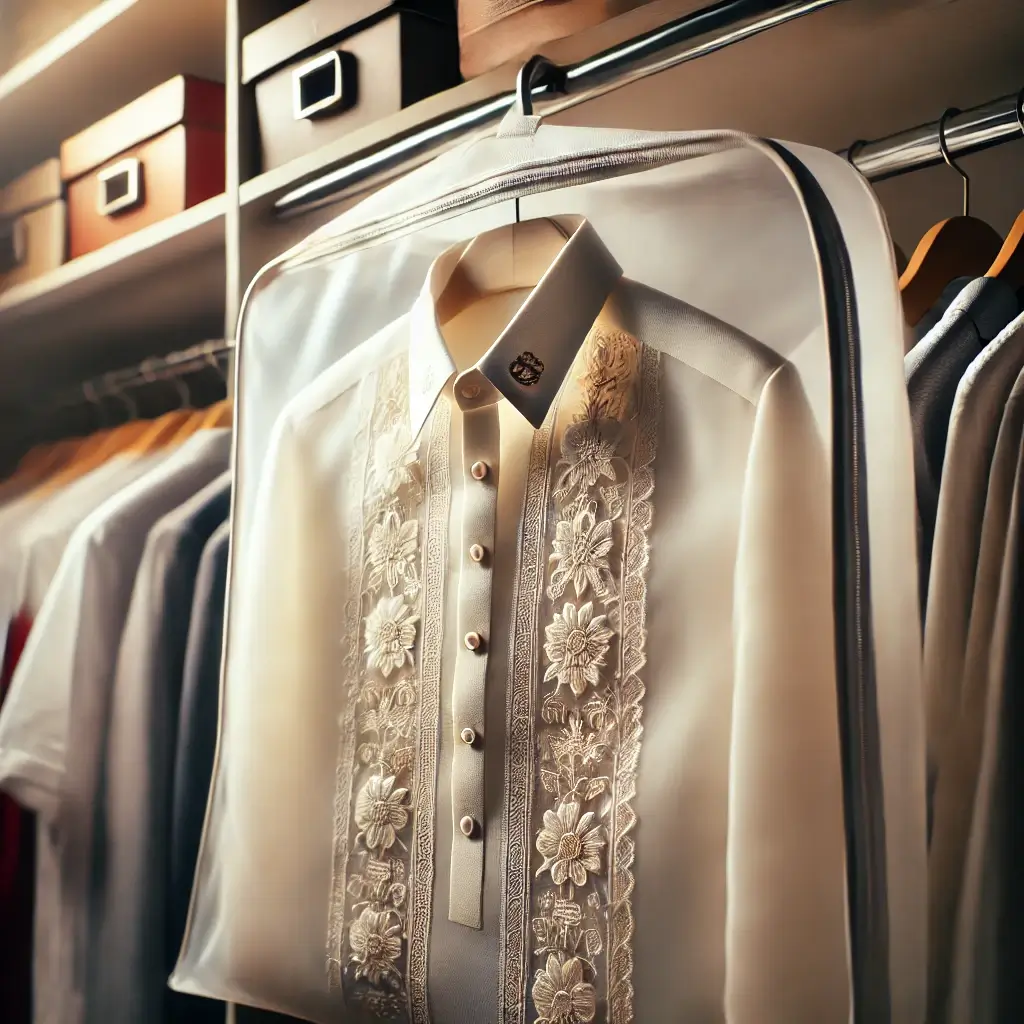Proper storage of a Barong Tagalog in a garment bag to preserve delicate fabric and embroidery.