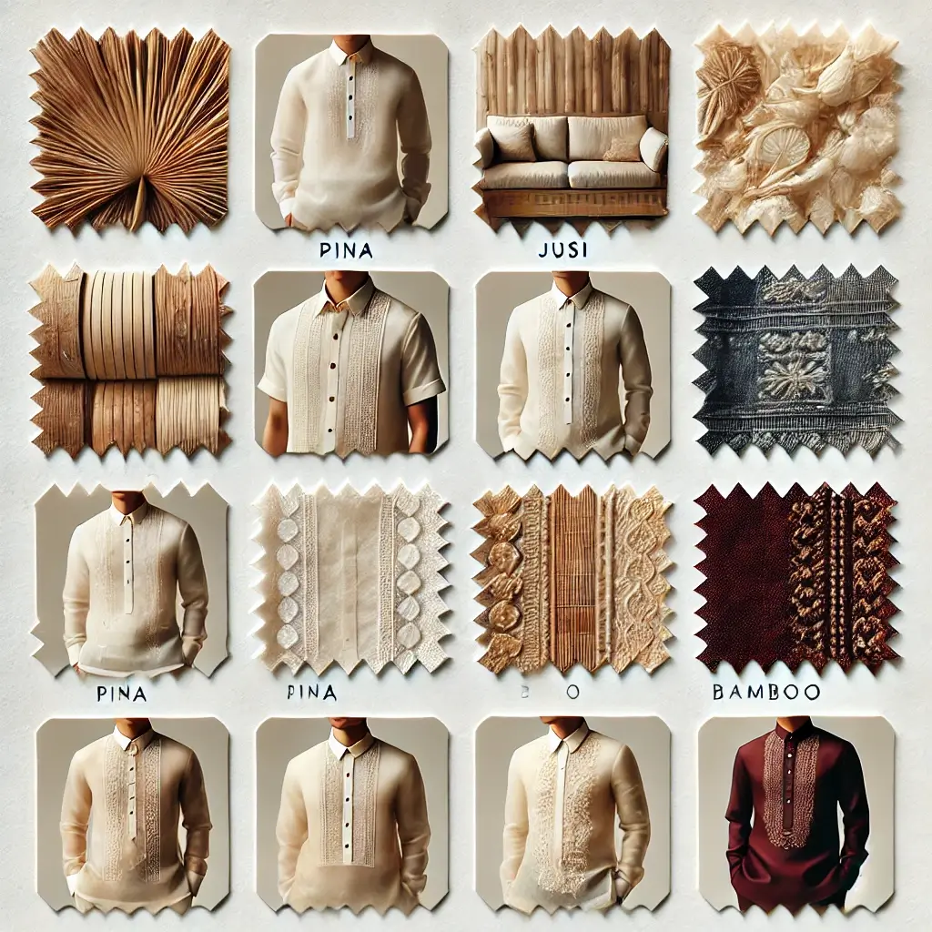 Small images of unique Barong Tagalog fabrics (piña, jusi, bamboo) and modern styles in contemporary colors for FAQ section.