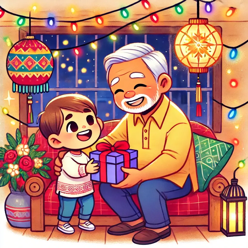 Cartoon illustration of a child giving a gift to a grandpa in a festive Filipino Christmas setting with holiday decorations, capturing the warmth and joy of family gift-giving.