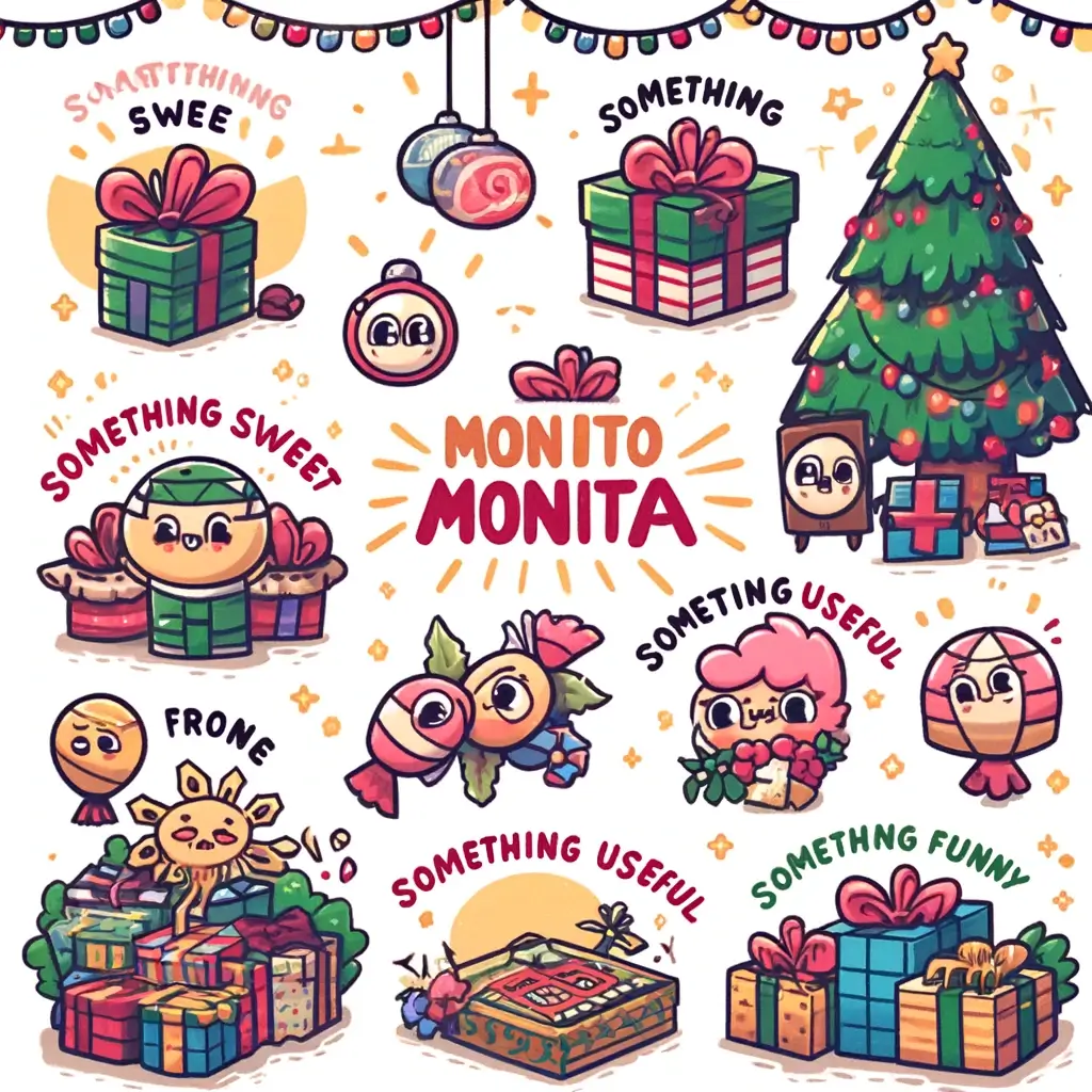 Cartoon illustration showcasing creative Monito Monita gift themes, with labeled gifts such as 'Something Sweet,' 'Something Useful,' and 'Something Funny,' surrounded by Filipino Christmas decorations like parol lanterns and holiday lights.