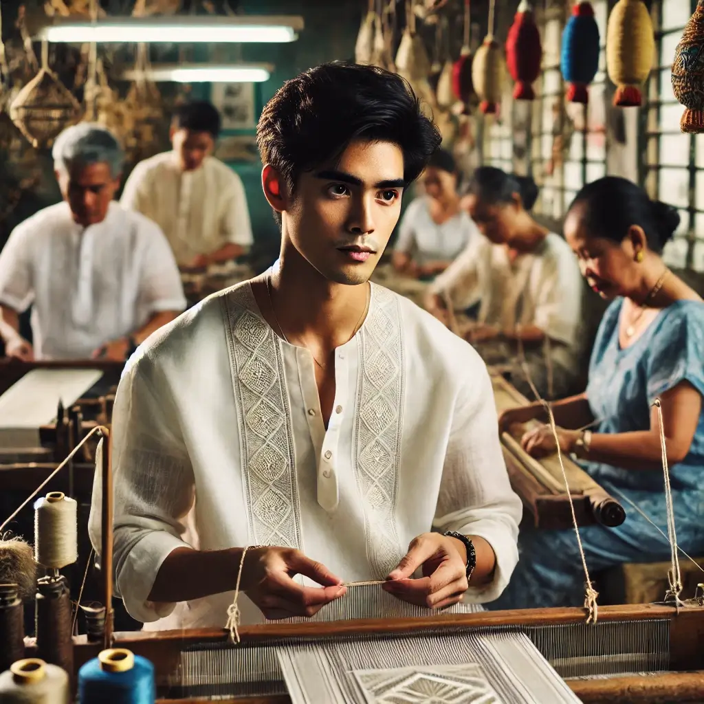 Filipino artisans working in a fair-trade certified workshop, supporting local communities through traditional Barong Tagalog craftsmanship.