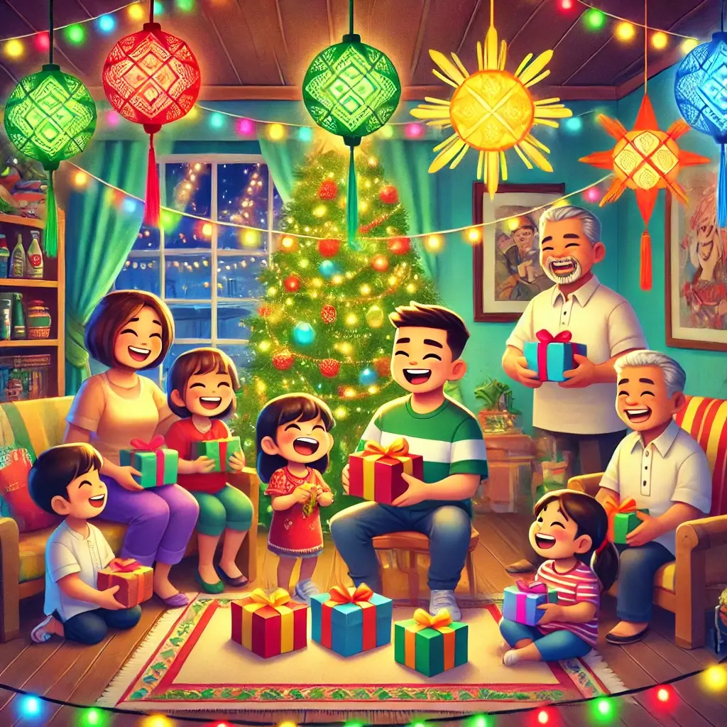 Cartoon illustration of a Filipino family and friends joyfully exchanging small gifts around a Christmas tree, celebrating the Monito Monita holiday tradition with vibrant decorations and traditional Filipino Christmas elements.