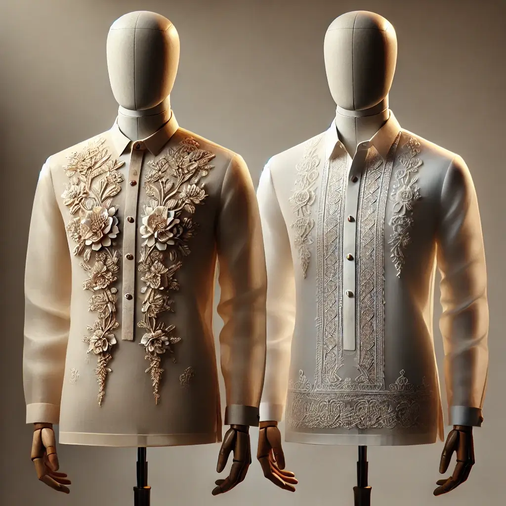 Comparison of formal and casual Barong Tagalog styles, showing long-sleeved and short-sleeved versions with varying embroidery.