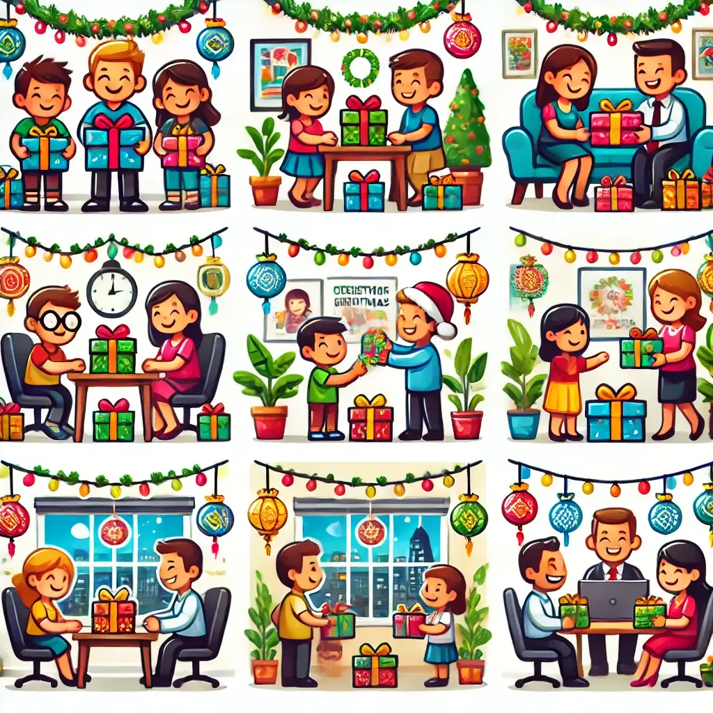 Cartoon illustration of different variations of the Monito Monita game, showing a family, students, and office workers exchanging gifts in festive settings, highlighting the diversity and joy of this Filipino gift exchange tradition.