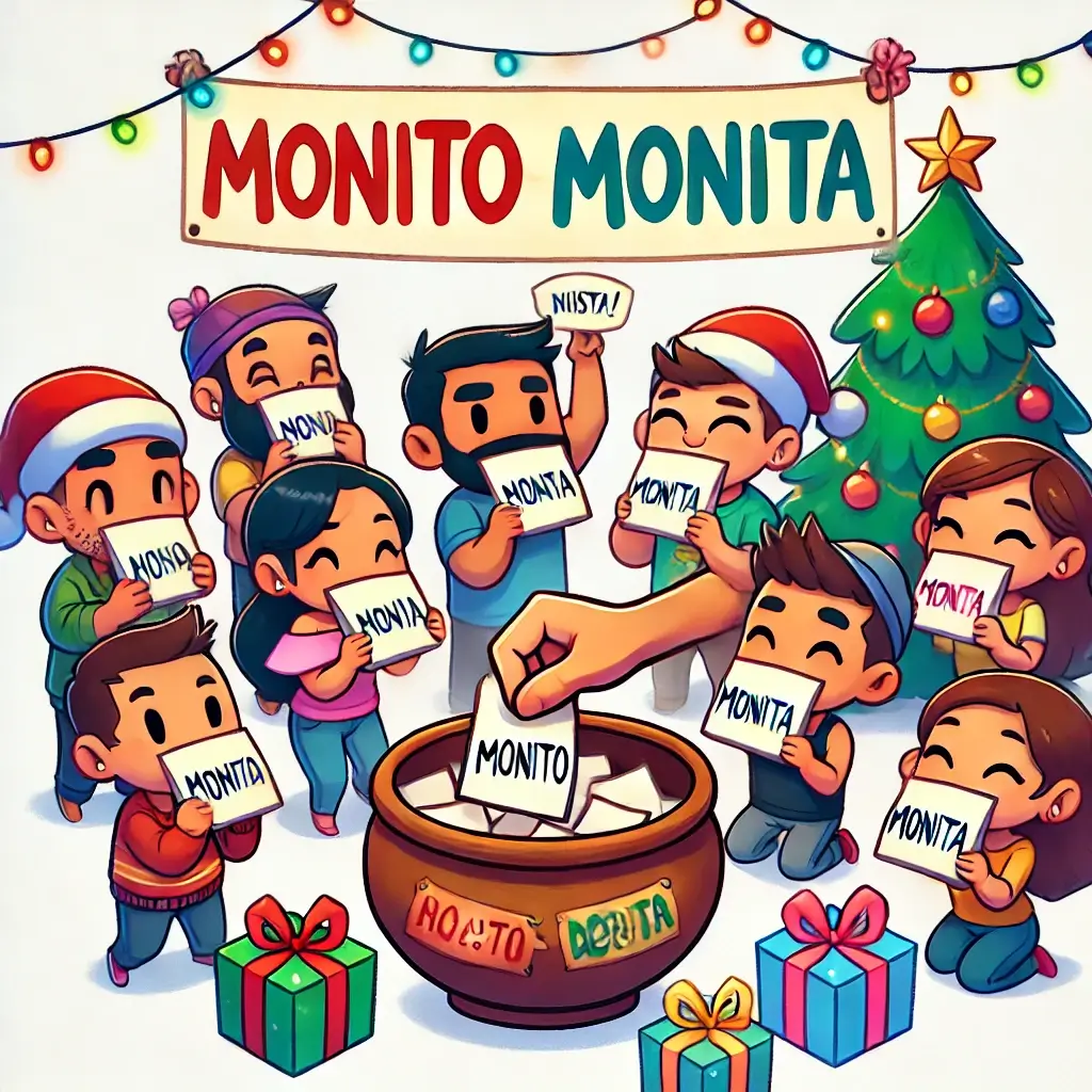 Cartoon illustration of people playing Monito Monita, drawing names from a bowl in a festive setting with holiday decorations, capturing the excitement and joy of this Filipino gift exchange tradition.