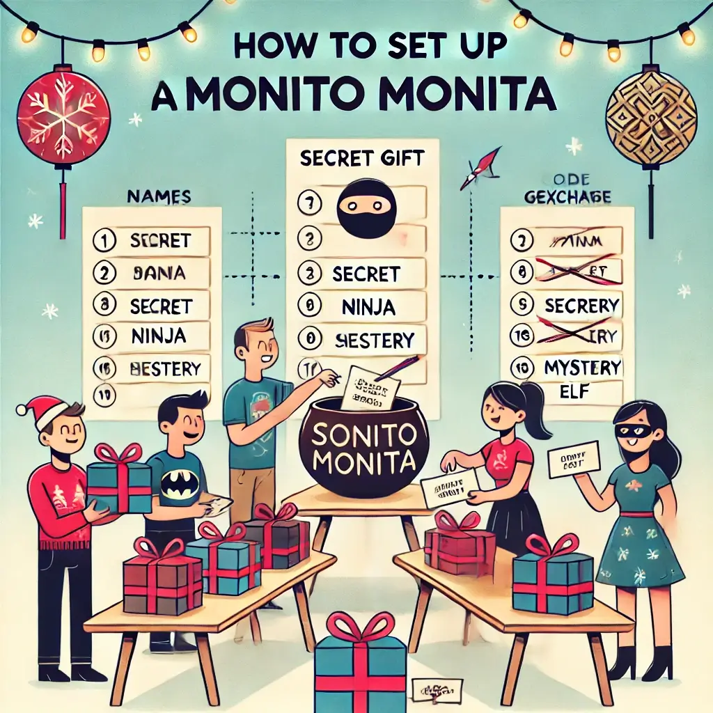 Minimalist cartoon illustration of a Monito Monita gift exchange setup, with people drawing names from a bowl and gifts labeled with funny code names like 'Secret Ninja' and 'Mystery Elf,' capturing the playful and festive spirit of this Filipino tradition.