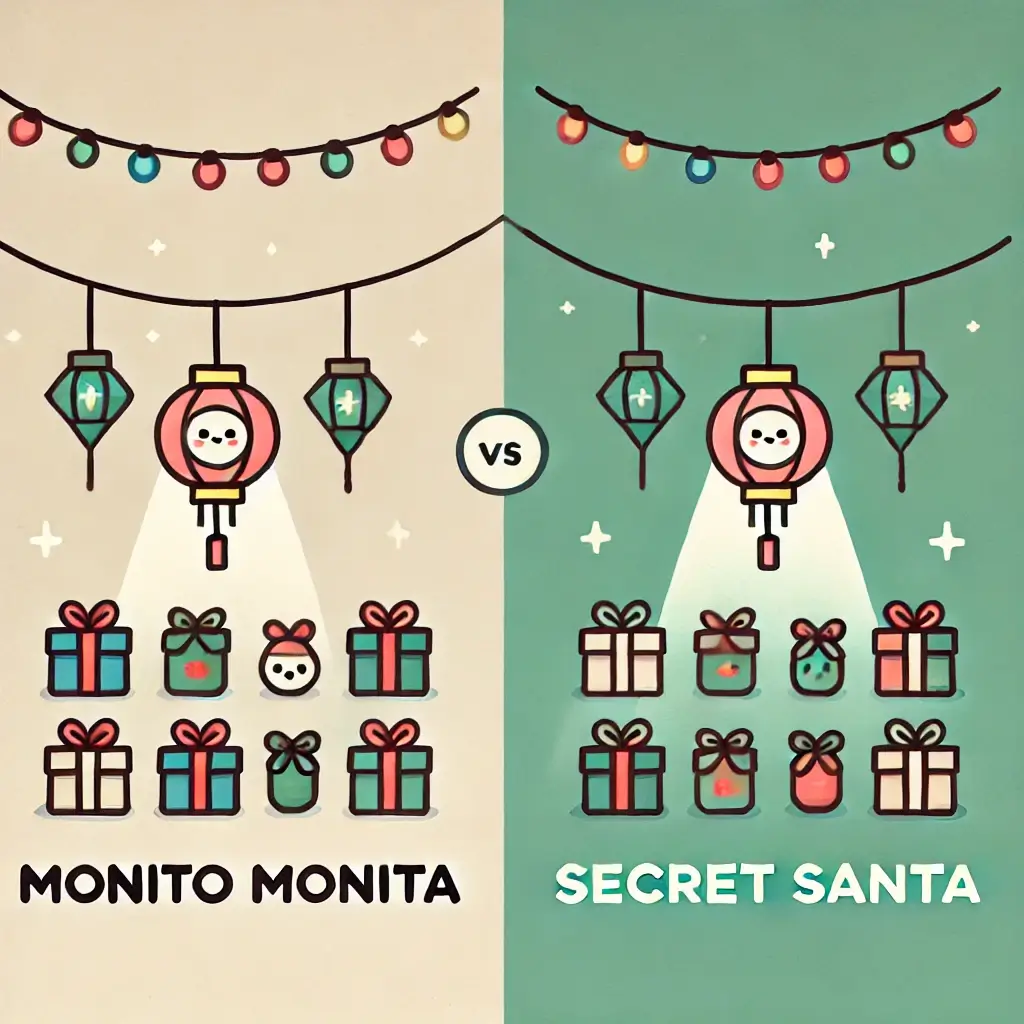 Minimalist cartoon illustration comparing Monito Monita and Secret Santa traditions, with Monito Monita shown as multiple small themed gifts and Secret Santa as a single large gift, highlighting the unique aspects of each gift exchange tradition.