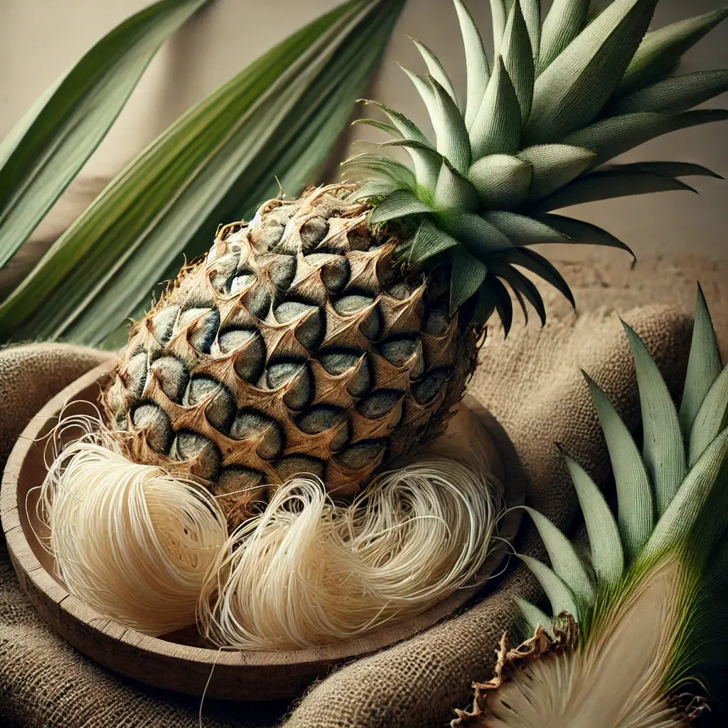 Realistic close-up of pineapple leaves and fibers used in eco-friendly piña fabric for Barong Tagalog production.