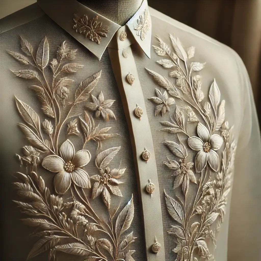 Close-up of a traditional Barong Tagalog with intricate embroidery, showcasing Filipino craftsmanship and cultural elegance.
