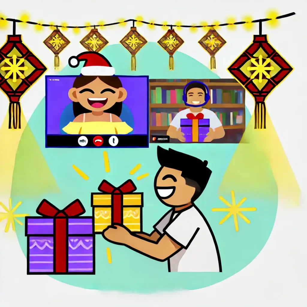 Cartoon illustration of a virtual Monito Monita gift exchange during the pandemic, with people on a video call sharing gifts and festive decorations in the background, highlighting the adaptation of this Filipino tradition during social distancing.